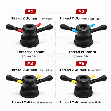 Set of four black adjustable knobs with different thread sizes and pitches on a white background.