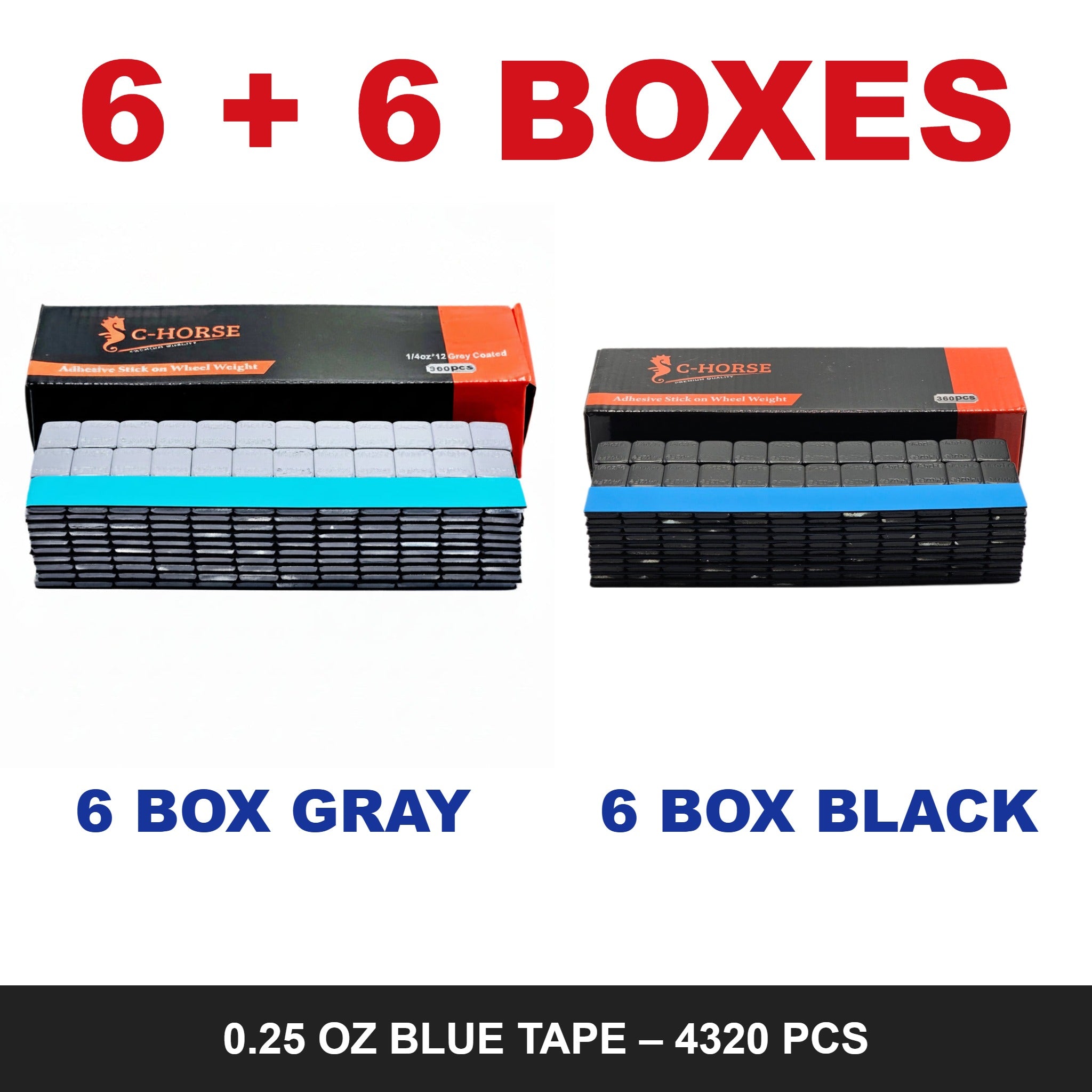 C-HORSE Stick-On Wheel Weights 0.25 oz Blue Tape – 6 Box Gray + 6 Box Black Combo (4320 PCS)