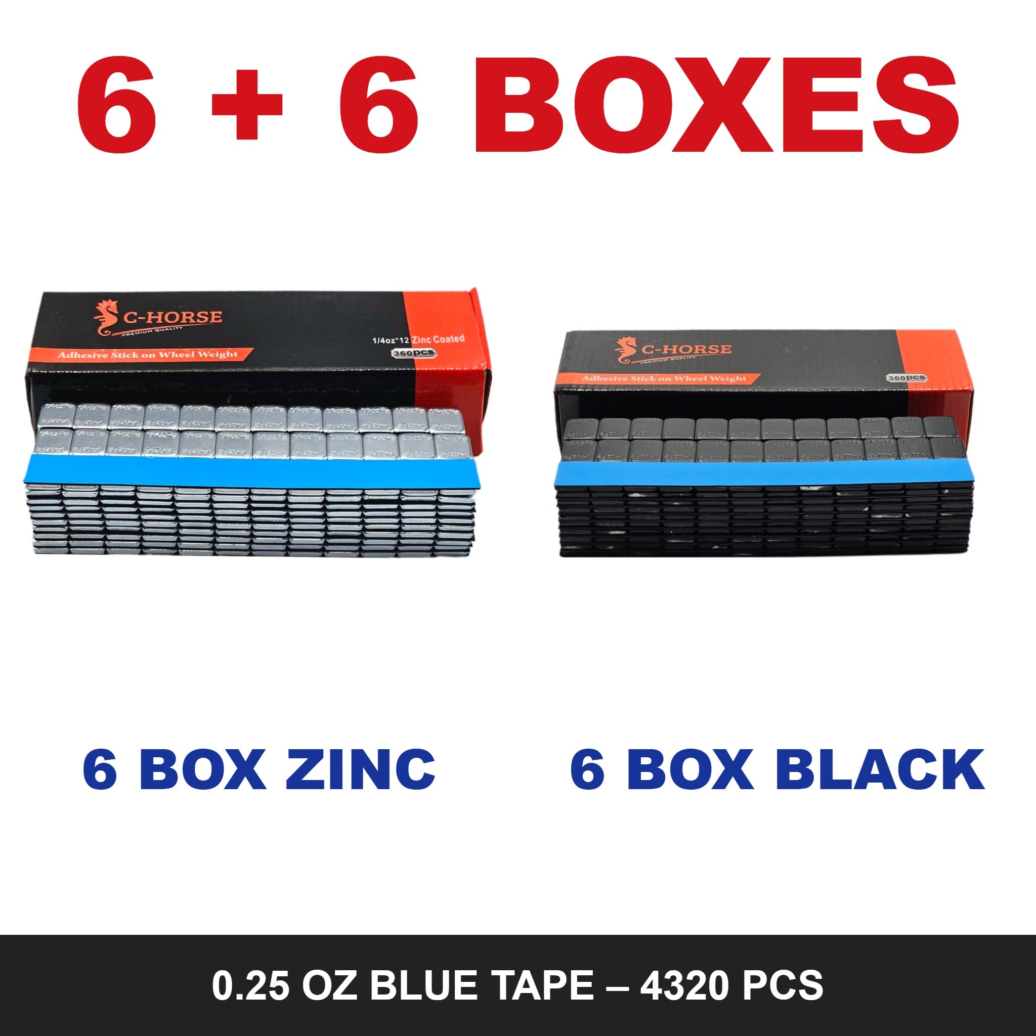 C-HORSE Stick-On Wheel Weights 0.25 oz Blue Tape – 6 Box Zinc + 6 Box Black Combo (4320 PCS)