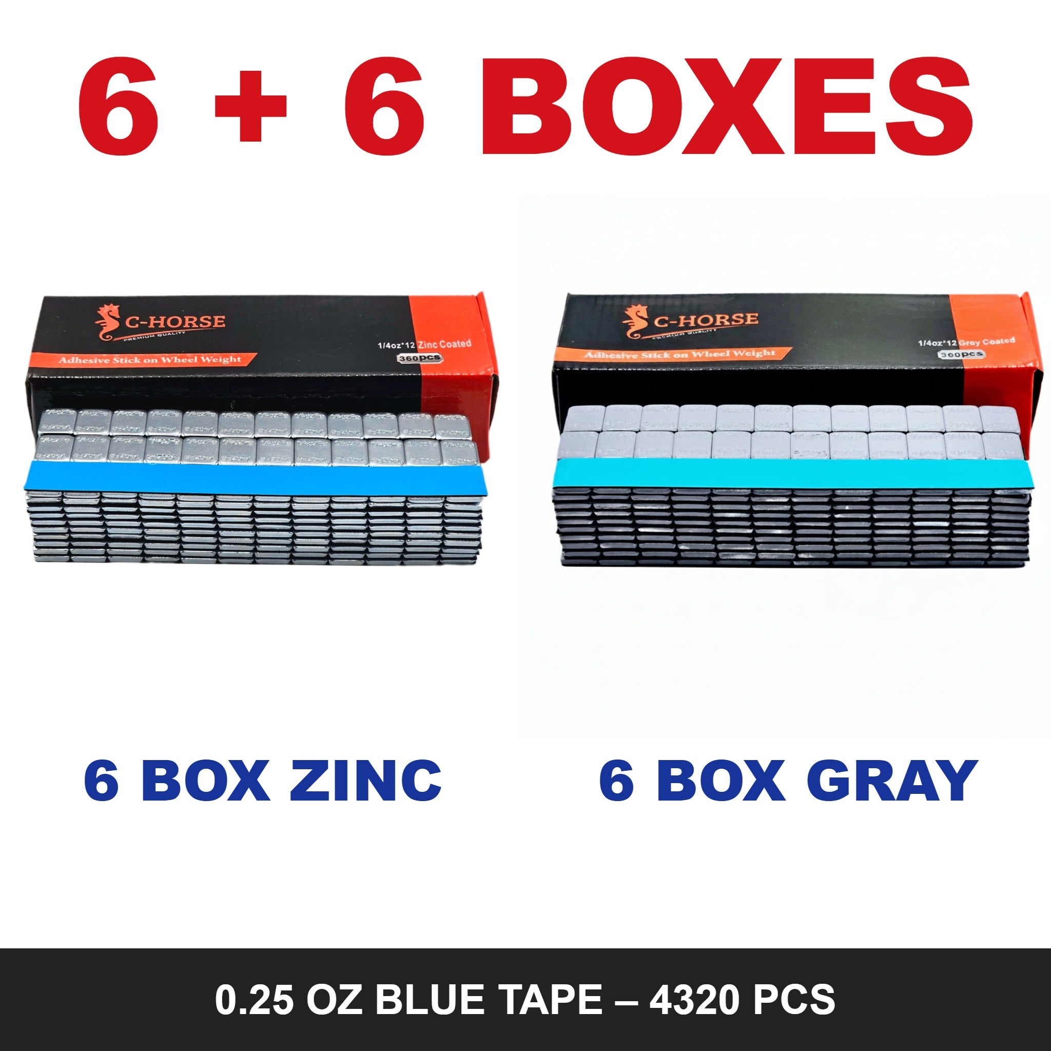 C-HORSE Stick-On Wheel Weights 0.25 oz Blue Tape – 6 Box Zinc + 6 Box Gray Combo (4320 PCS)