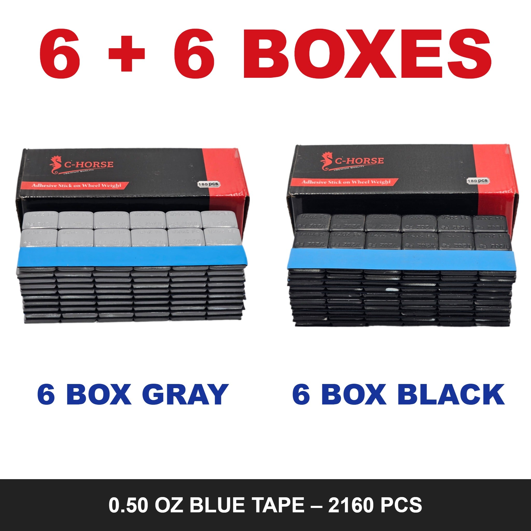 C-HORSE Stick-On Wheel Weights 0.50 oz Blue Tape – 6 Box Gray + 6 Box Black Combo (2160 PCS)