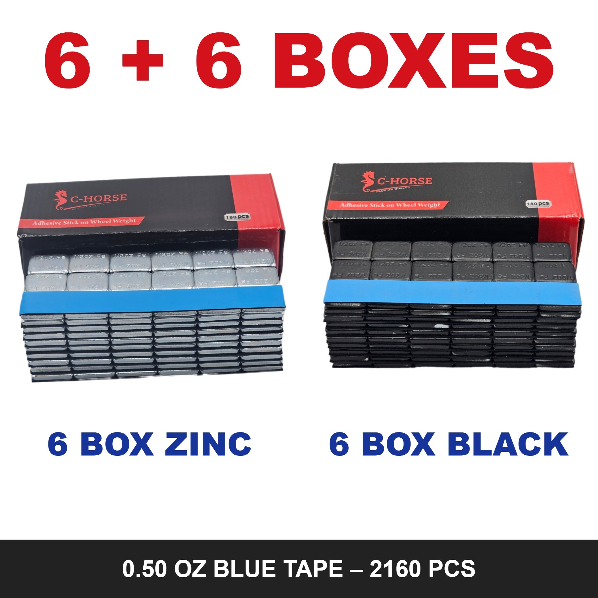 C-HORSE Stick-On Wheel Weights 0.50 oz Blue Tape – 6 Box Zinc + 6 Box Black Combo (2160 PCS)