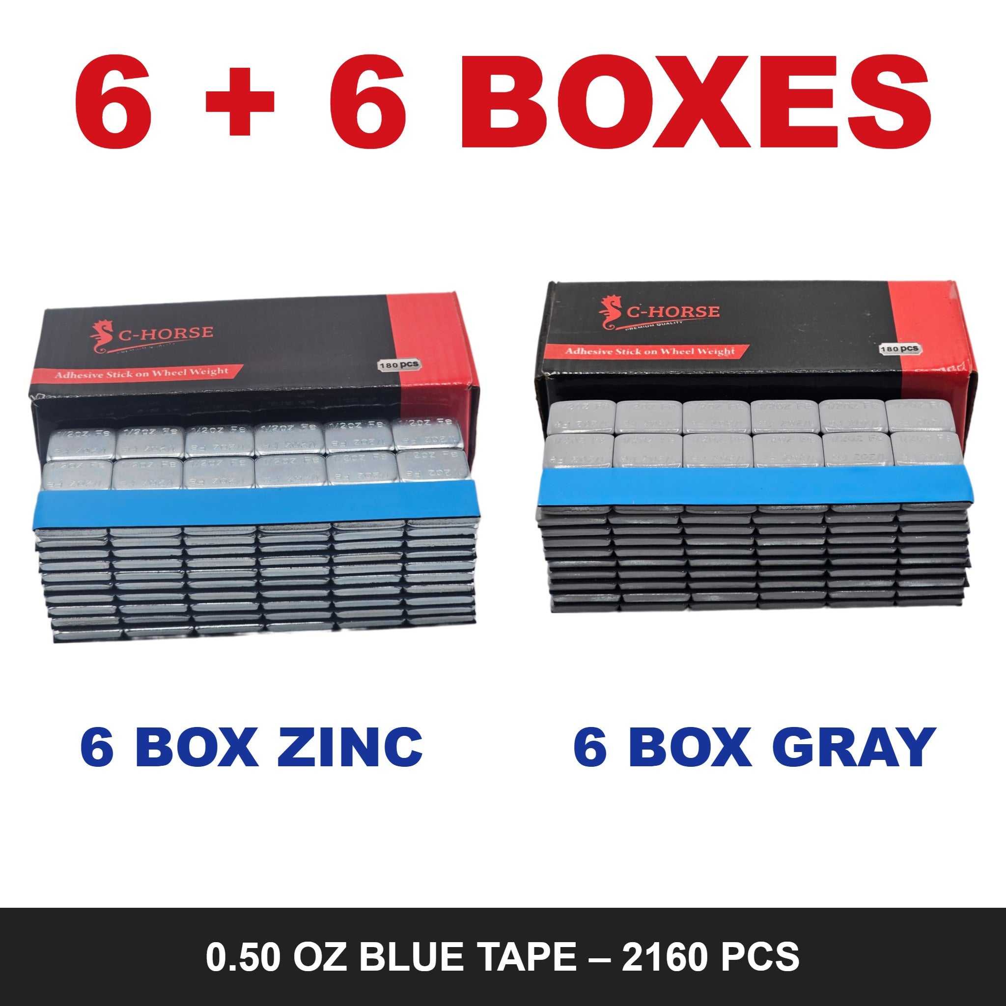 C-HORSE Stick-On Wheel Weights 0.50 oz Blue Tape – 6 Box Zinc + 6 Box Gray Combo (2160 PCS)
