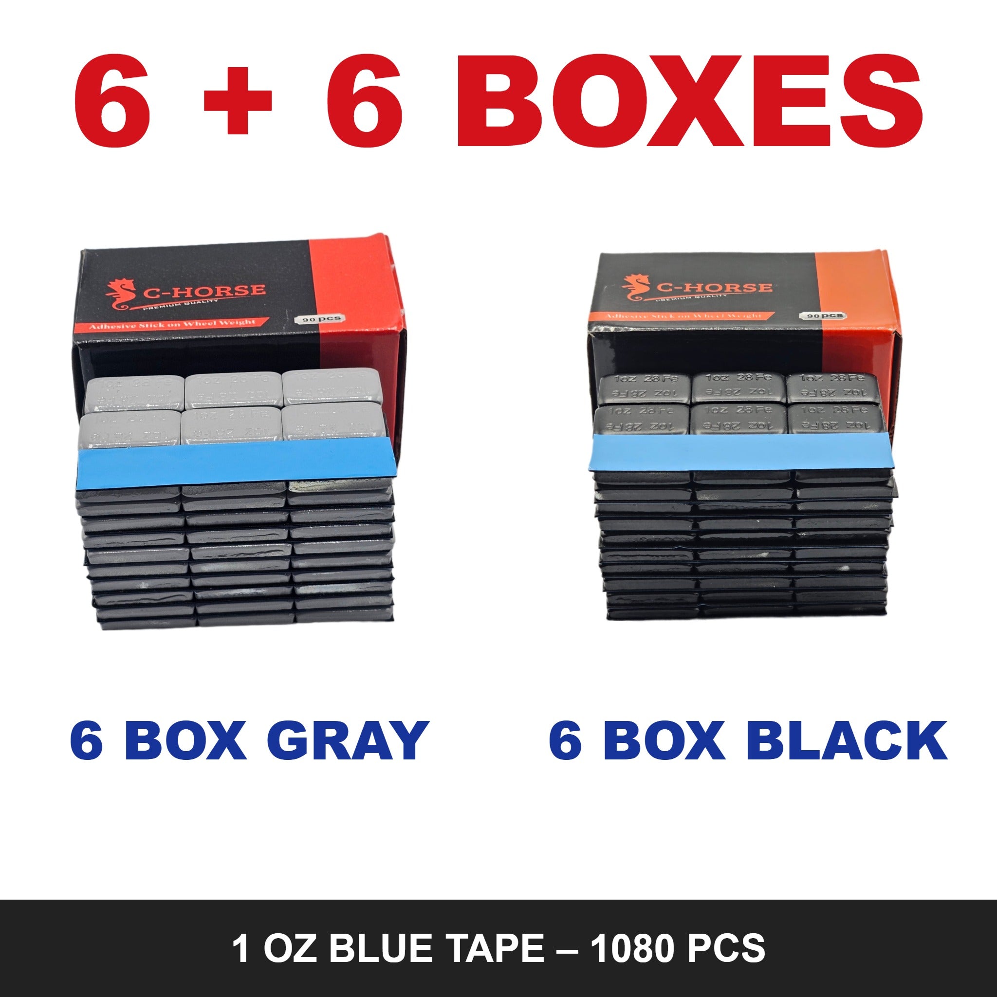 C-HORSE Stick-On Wheel Weights 1 oz Blue Tape – 6 Box Gray + 6 Box Black Combo (1080 PCS)