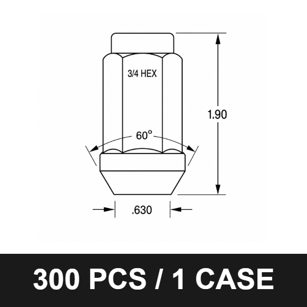 5454XL Black Acorn Bulge Lug Nut – 14x1.5 Thread, 3/4" Hex, 1.90" Tall, 60° Degree