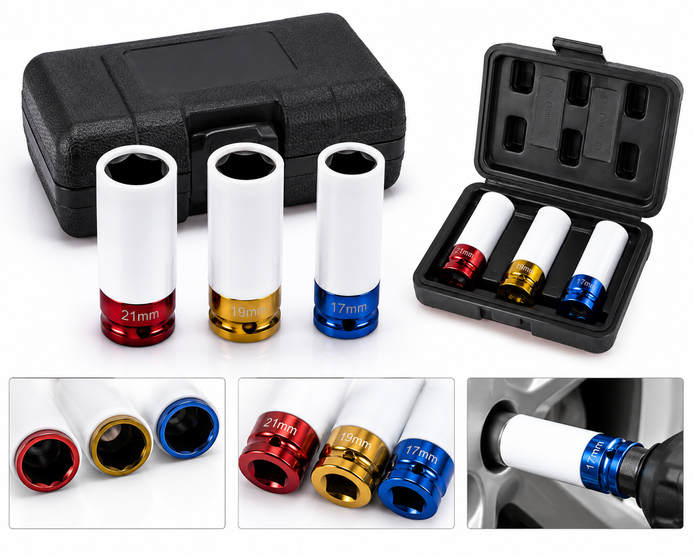 3 pc 1/2" Drive Metric Impact Lug Nut Socket Set Thin Wall 17 19 21 mm w/ Sleeve