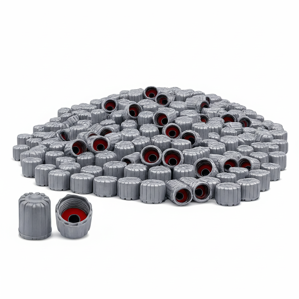 Pile of gray valve stem caps with red centers on a white background