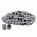 Pile of gray valve stem caps with red centers on a white background