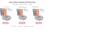 A product listing graphic showing three grey wheel weight rolls labeled 0.25 oz, 0.