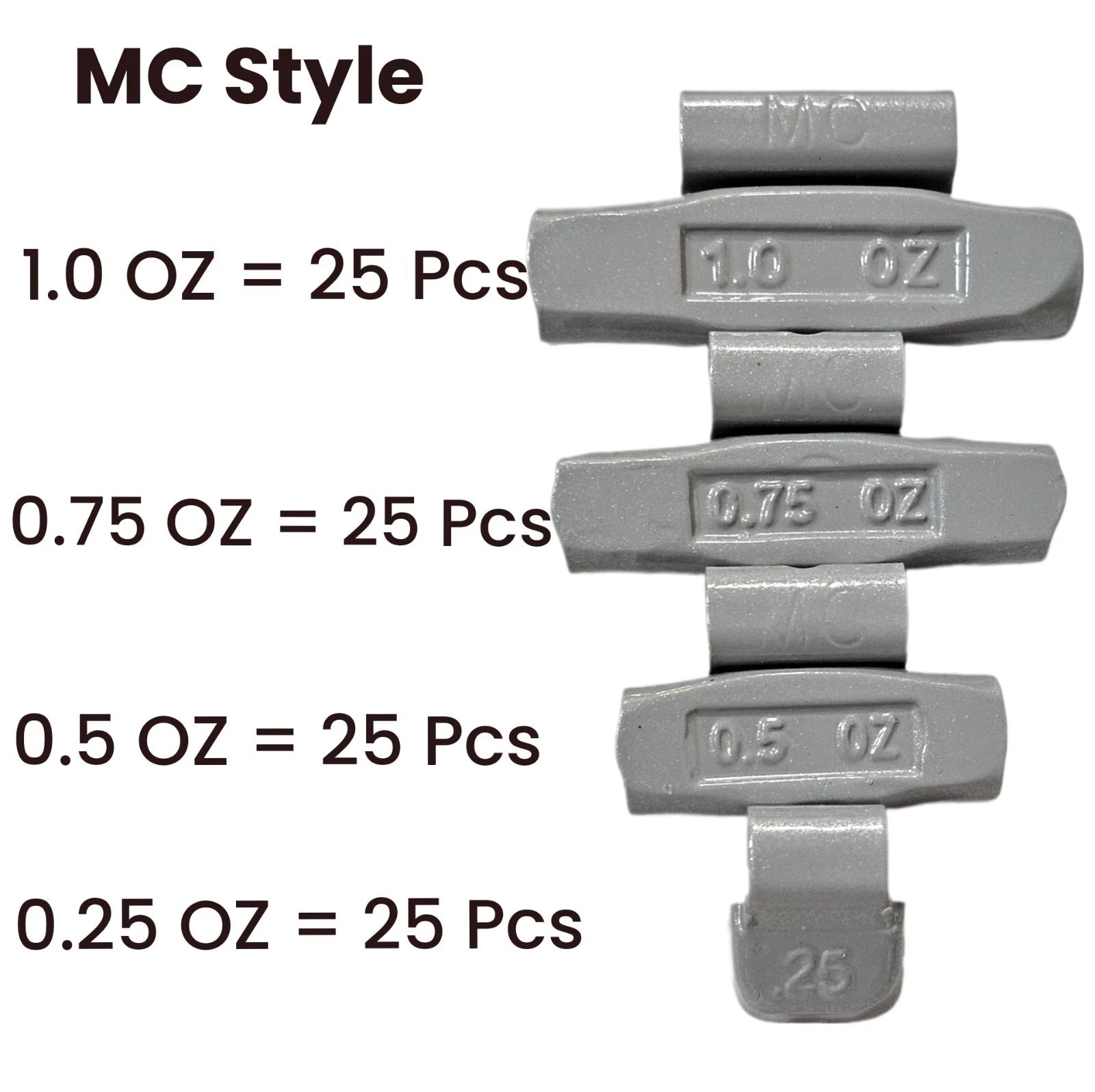 Clip On weights All Styles 100 PCS Combination of each Style MC , AW , P , FN Total 400 PCS