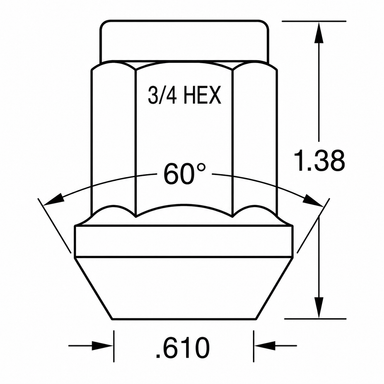 5450 chrome acorn bulge lug nut dimensions: 3/4 inch hex, 1.38 inch tall, 60 degree conical seat