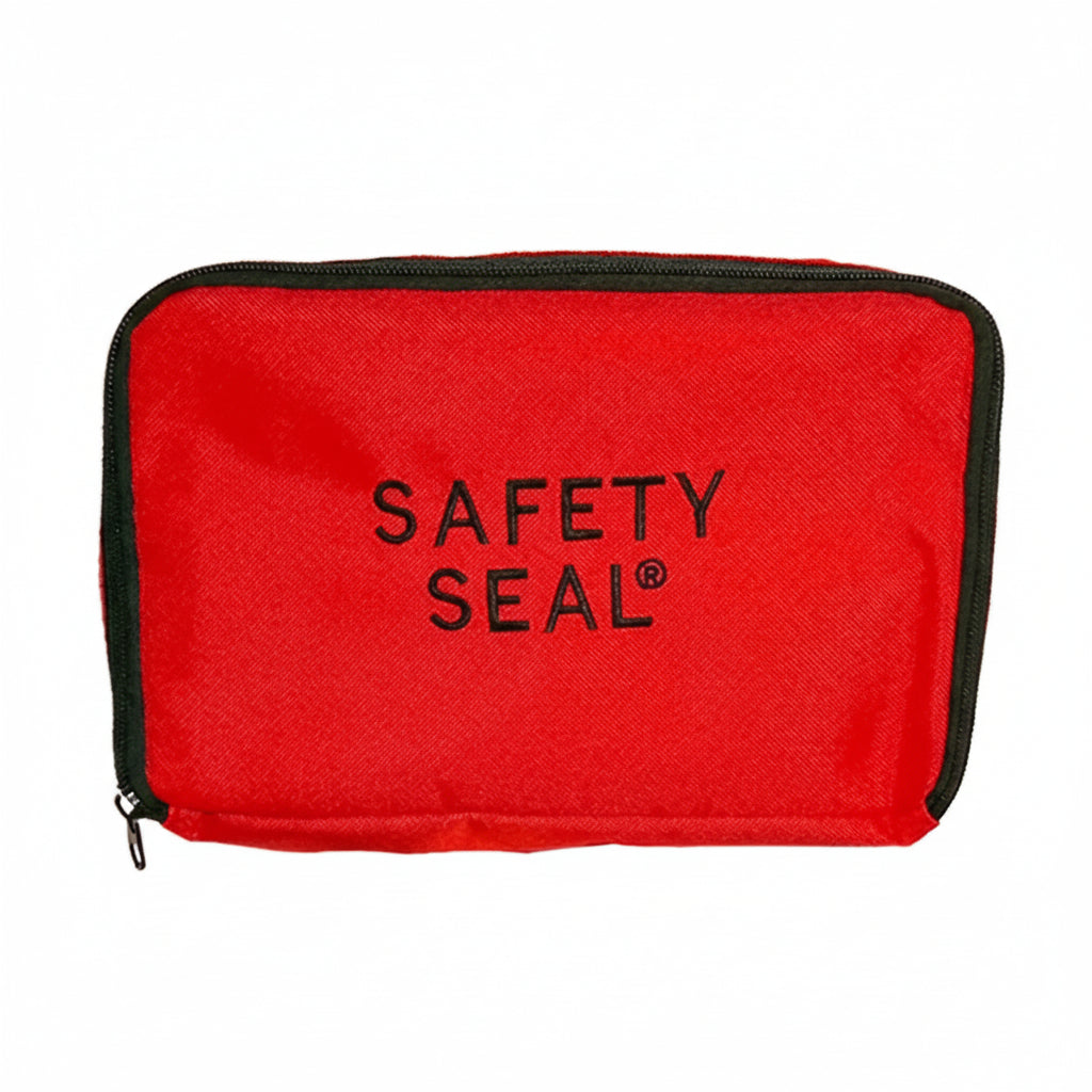 Red safety seal pouch with black text on a white background