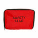 Red safety seal pouch with black text on a white background
