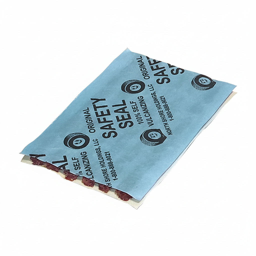 Safety Seal packaging with blue label and red strip on a white background