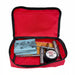 Open red first aid kit with medical supplies on a white background