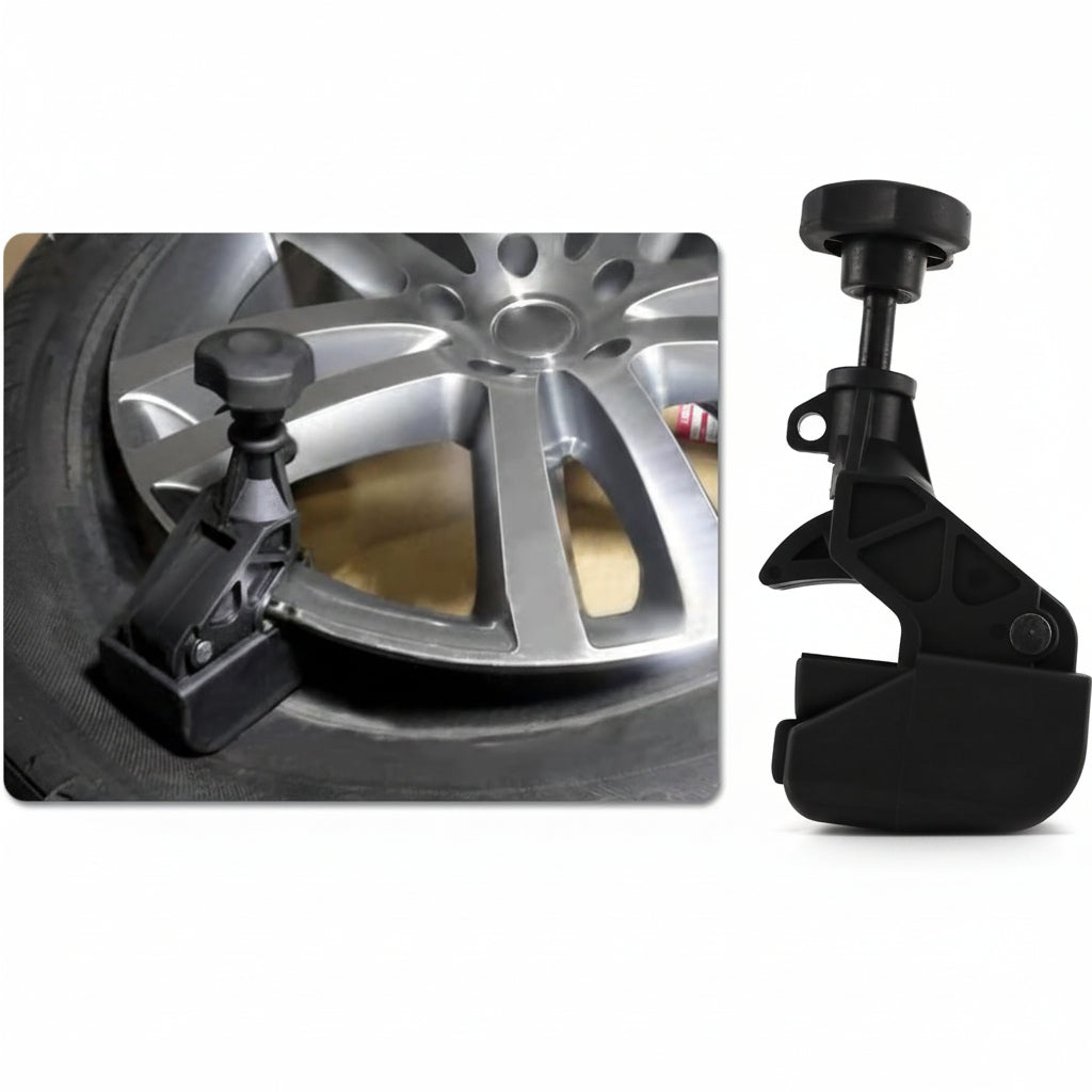 Wheel truing tool with close-up of a wheel and tire.