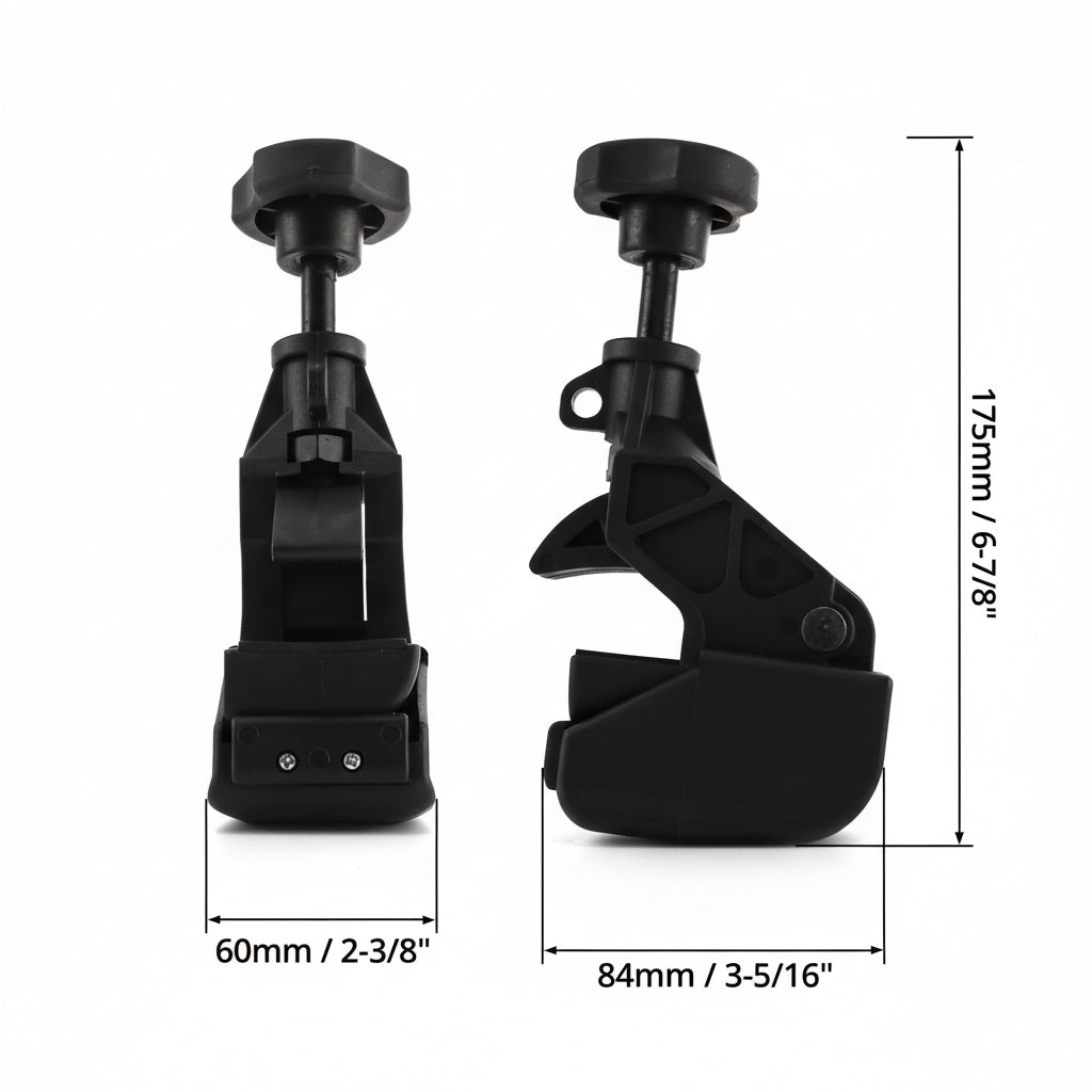 Two black clamps with measurements on a white background