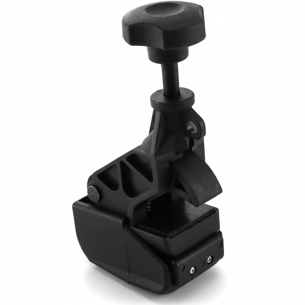 Black joystick-like control device on a white background