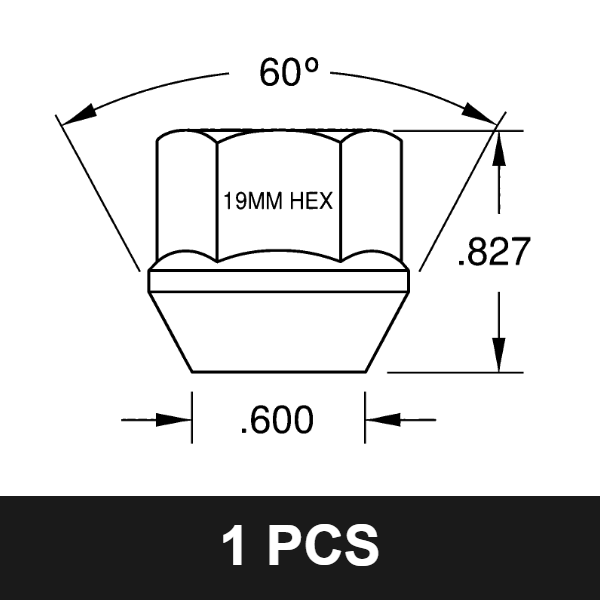 5557 Zinc Open End Bulge Lug Nut – 12x1.25 Thread, 19mm Hex, 0.827" Tall, 60° Degree