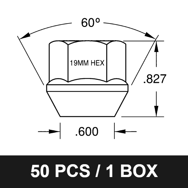 5551 Zinc Open End Bulge Lug Nut – 9/16" Thread, 19mm Hex, 0.827" Tall, 60° Degree