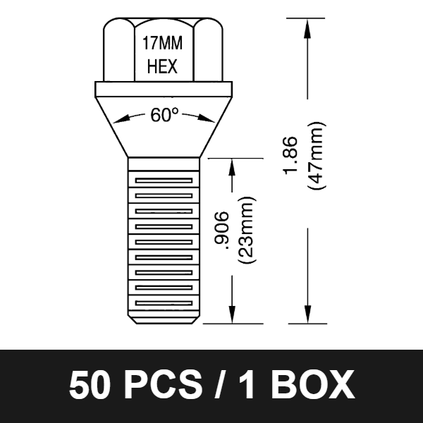 20-4065/118 Chrome Lug Bolt – 12x1.5 Thread, 17mm Hex, 1.18" Shank, 60° Conical Seat