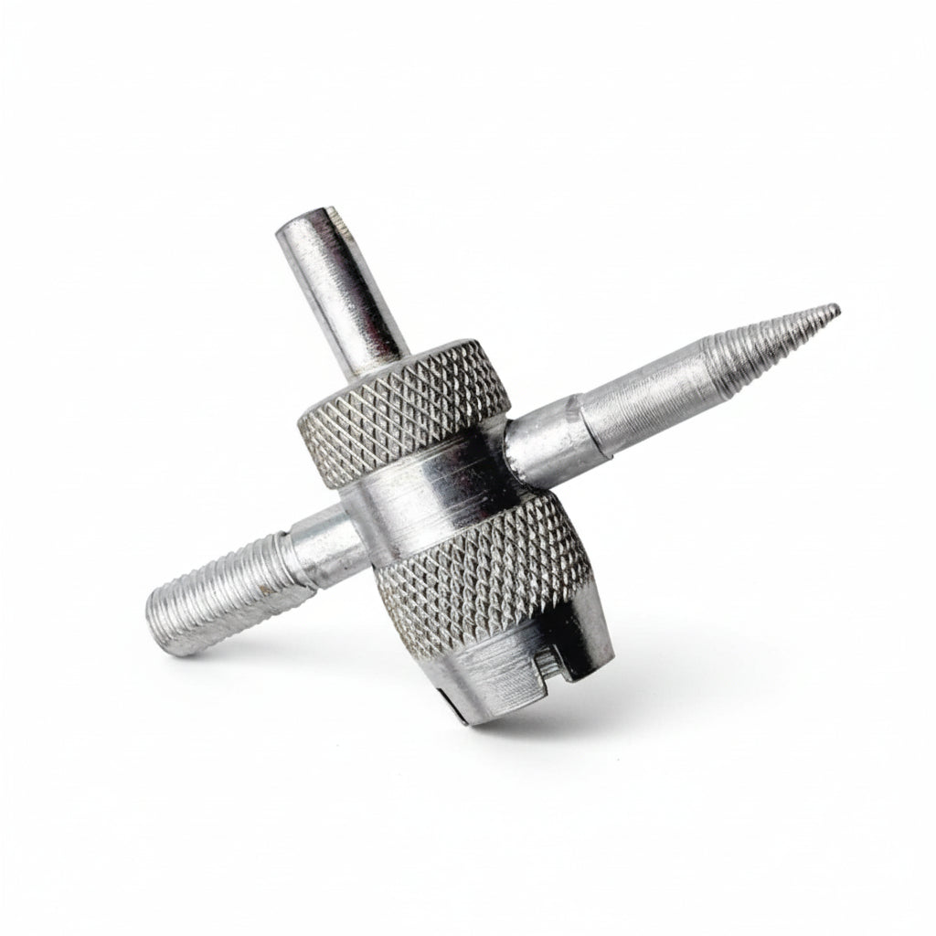 4-Way Tire Valve Tool + 2 Core Removers - All-Silver 0.305"-32 TPMS-Safe