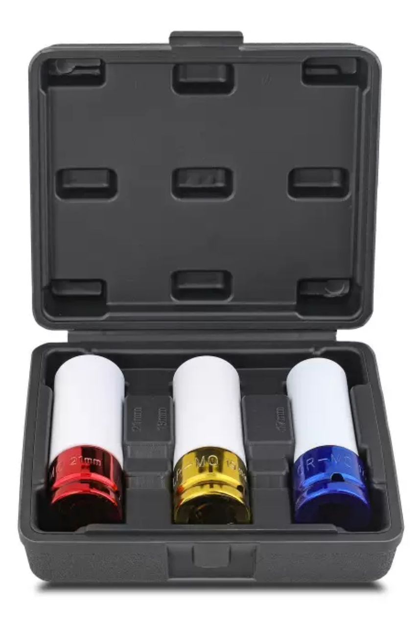 3 pc 1/2" Drive Metric Impact Lug Nut Socket Set Thin Wall 17 19 21 mm w/ Sleeve