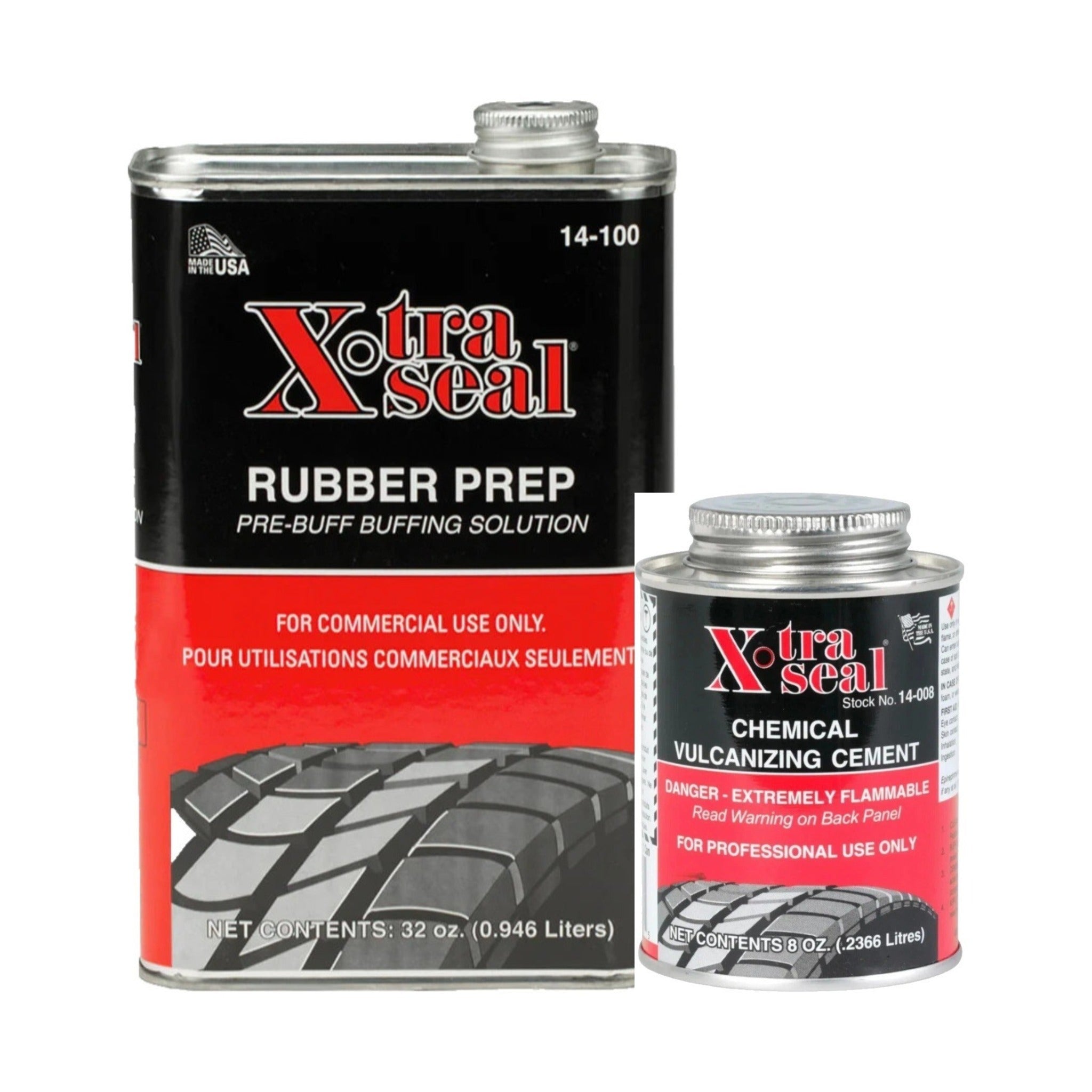 Xtra Seal 14-008 Chemical Vulcanizing Cement 8 oz + 14-100 Rubber Prep Pre-Buff Cleaner 32 oz – Tire Repair Combo