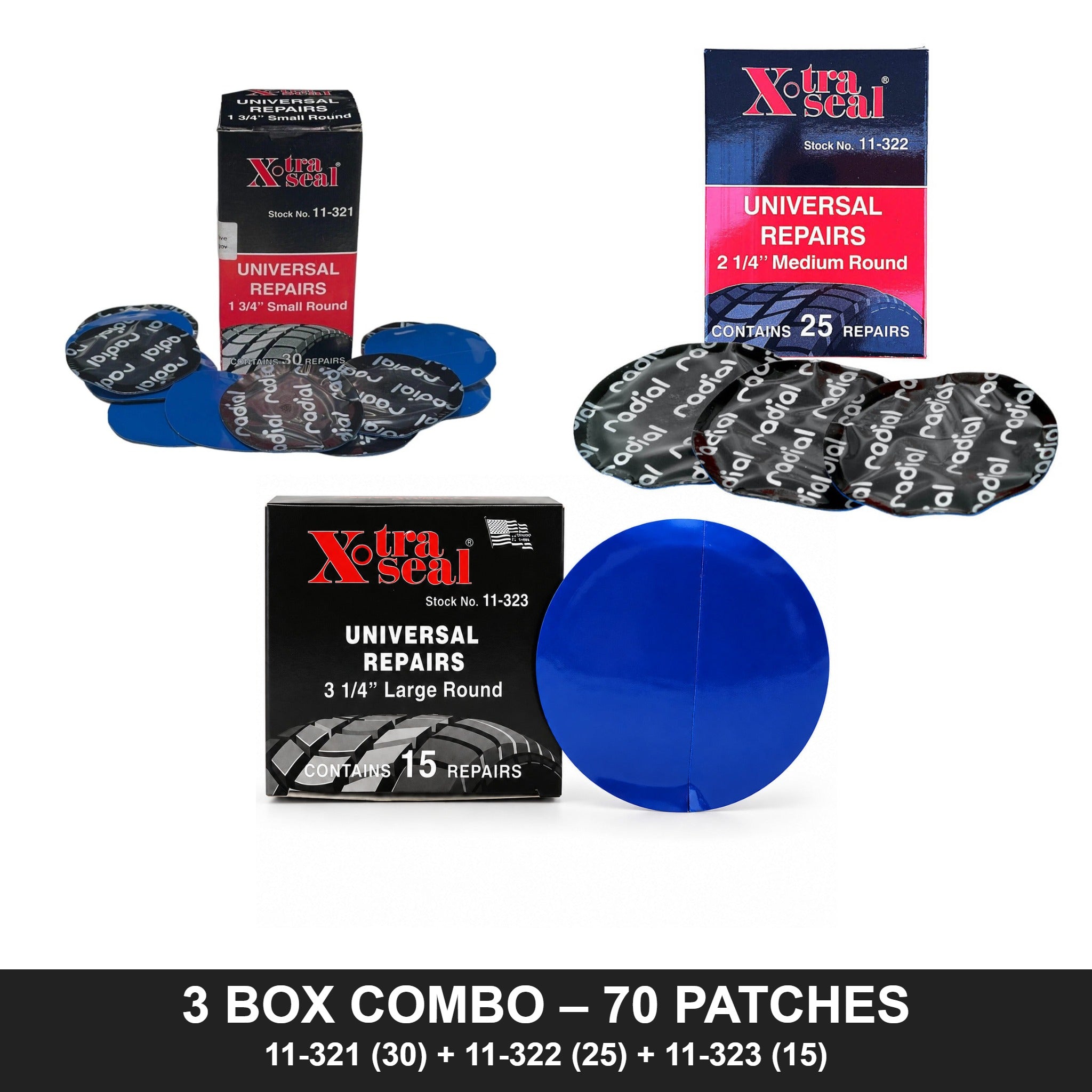 Xtra Seal Radial Tire Repair Patch Combo – 11-321 Small 1-3/4" + 11-322 Medium 2-1/4" + 11-323 Large 3-1/4" (3 Boxes, 70 Patches)